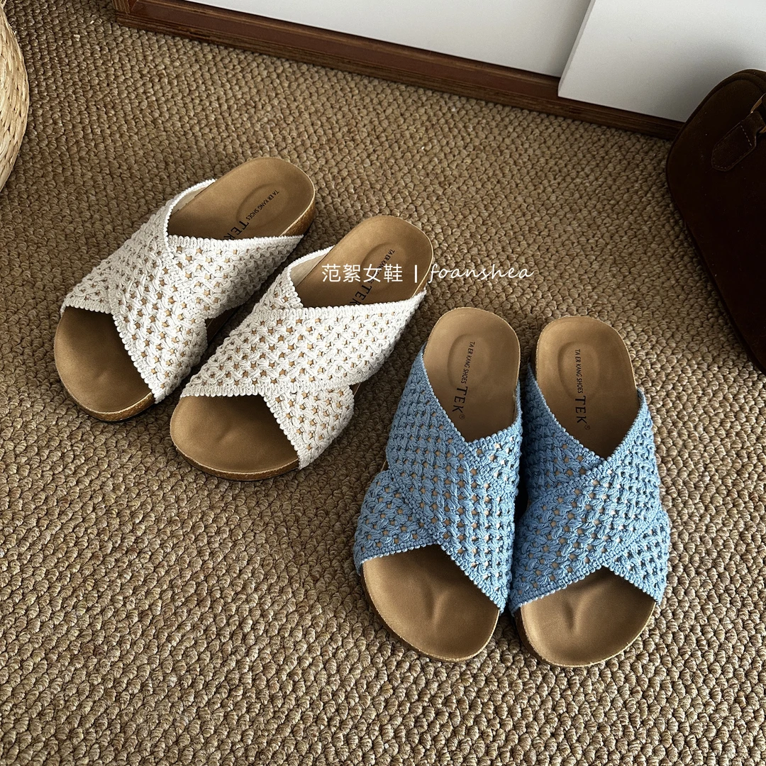 夏季外穿防滑一字拖休闲平底时尚夏季编织文艺复古勃肯拖鞋