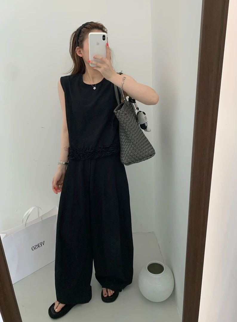 休闲夏季套装无袖圆领木耳边拼接上衣+时尚阔腿裤薄款宽松