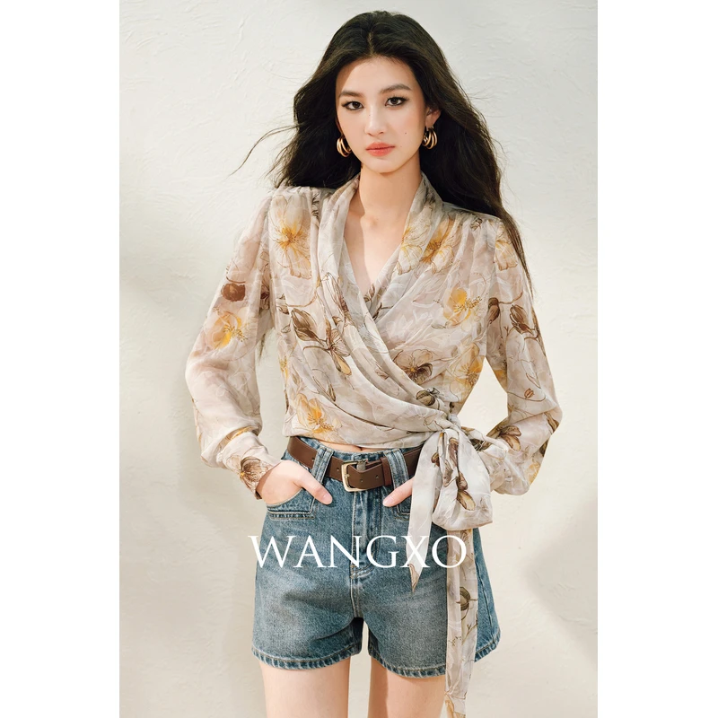 WANGXO 飘带缠绕扭结自由绑带轻薄衬衫 250377W
