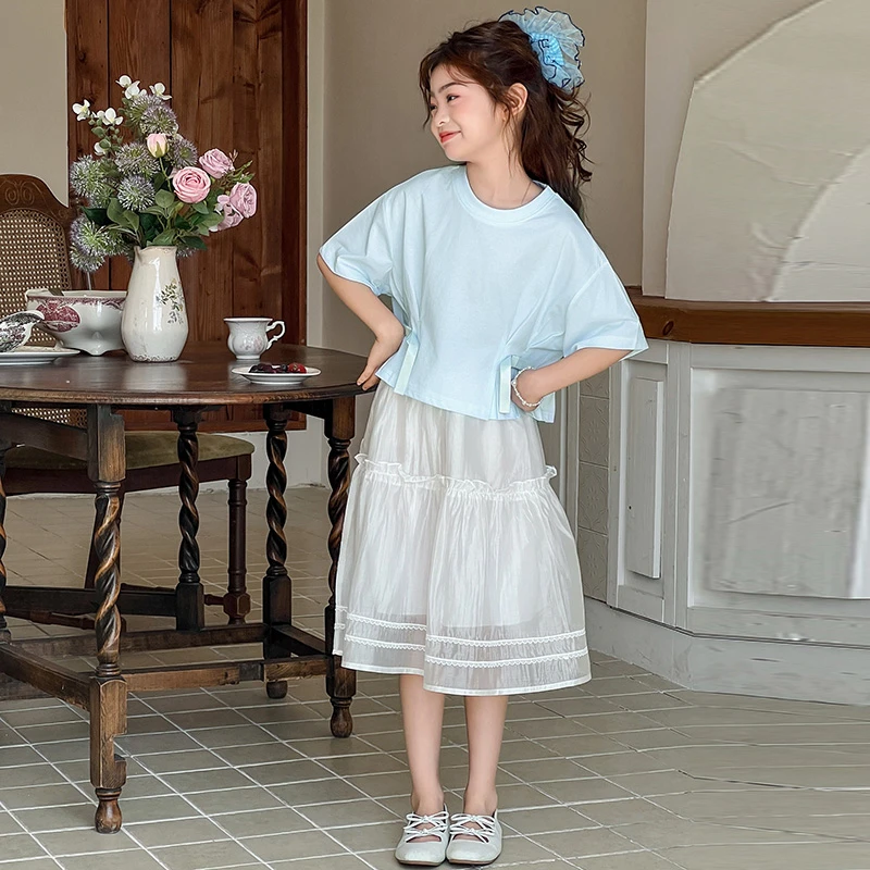 女童夏季百褶儿童短袖套装夏装洋气公主风半身裙时尚装女孩裙子