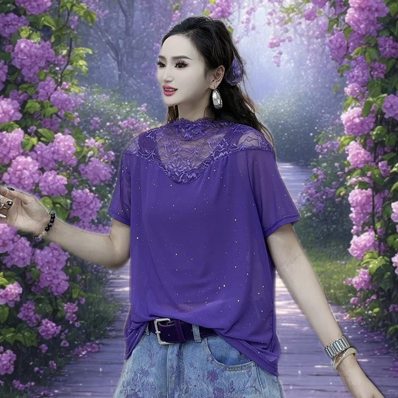 蕾丝提花打底衫亮片T恤女2025夏季新款时尚宽松休闲百搭上衣-9102