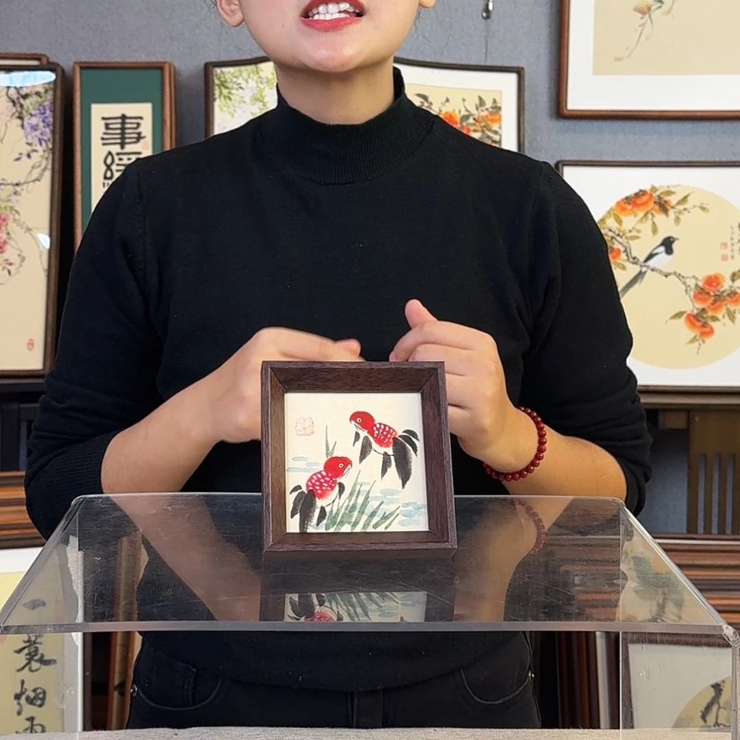 国画纯手绘，纯手写带框尺寸：12×12厘米