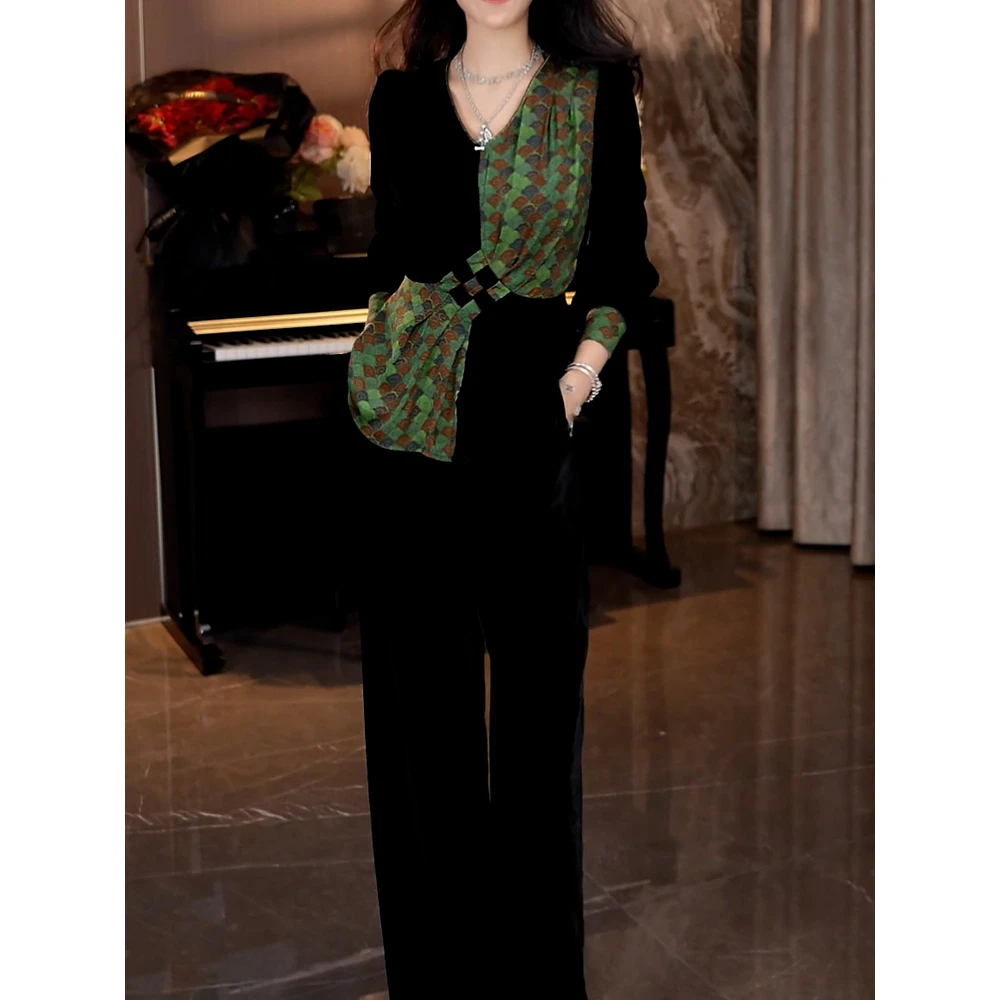 轻奢名媛风高档裤套装女2025秋季新款洋气撞色拼接收腰衬衫+裤子