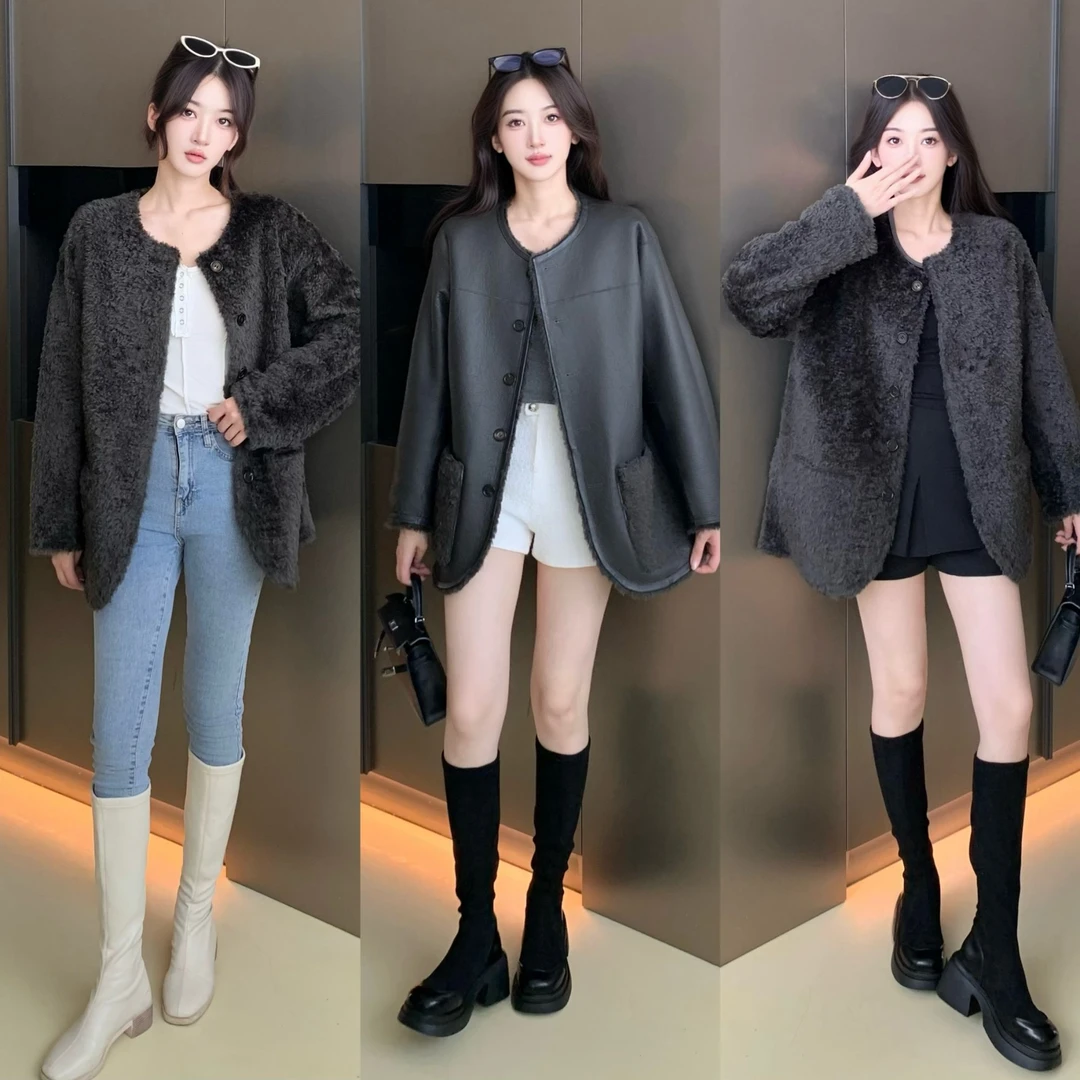 凯哥【美丽诺言】西班牙两面穿拉贡皮草女圆领中长外套25116