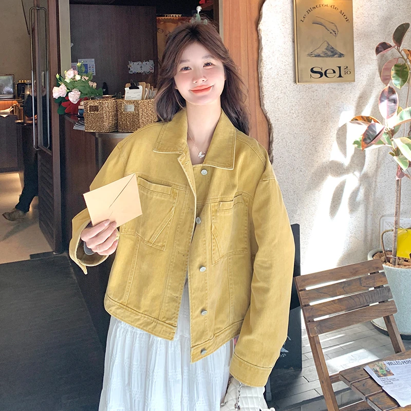 黄色韩版小清新俏皮减龄牛仔外套女2025年春季新款学院风工装夹克