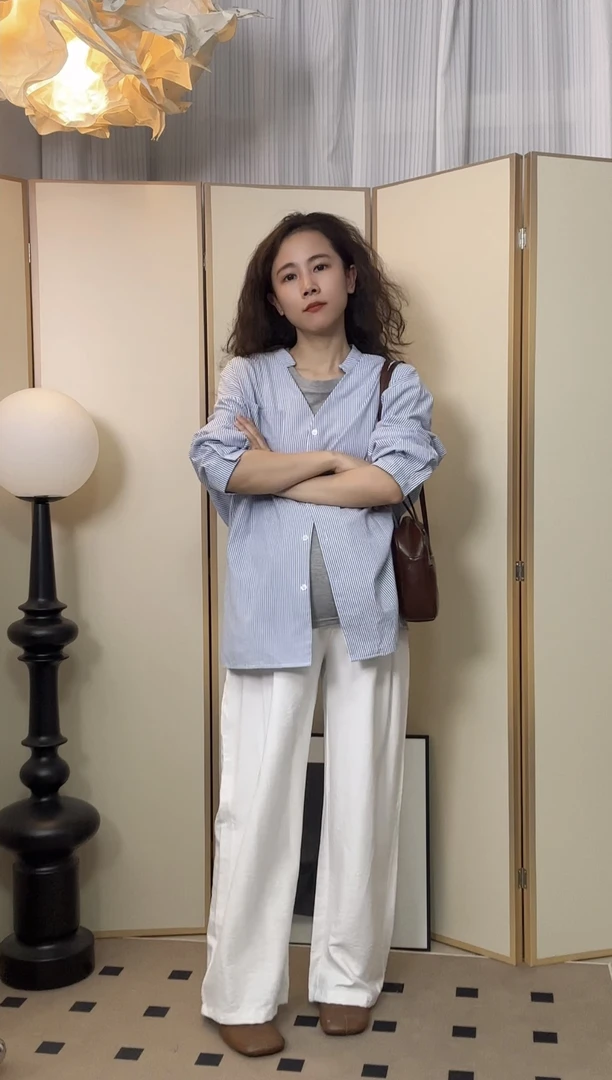 适合梨形身材穿到165斤孕妇春季两件套宽松条纹衬衫抽绳长裤套装