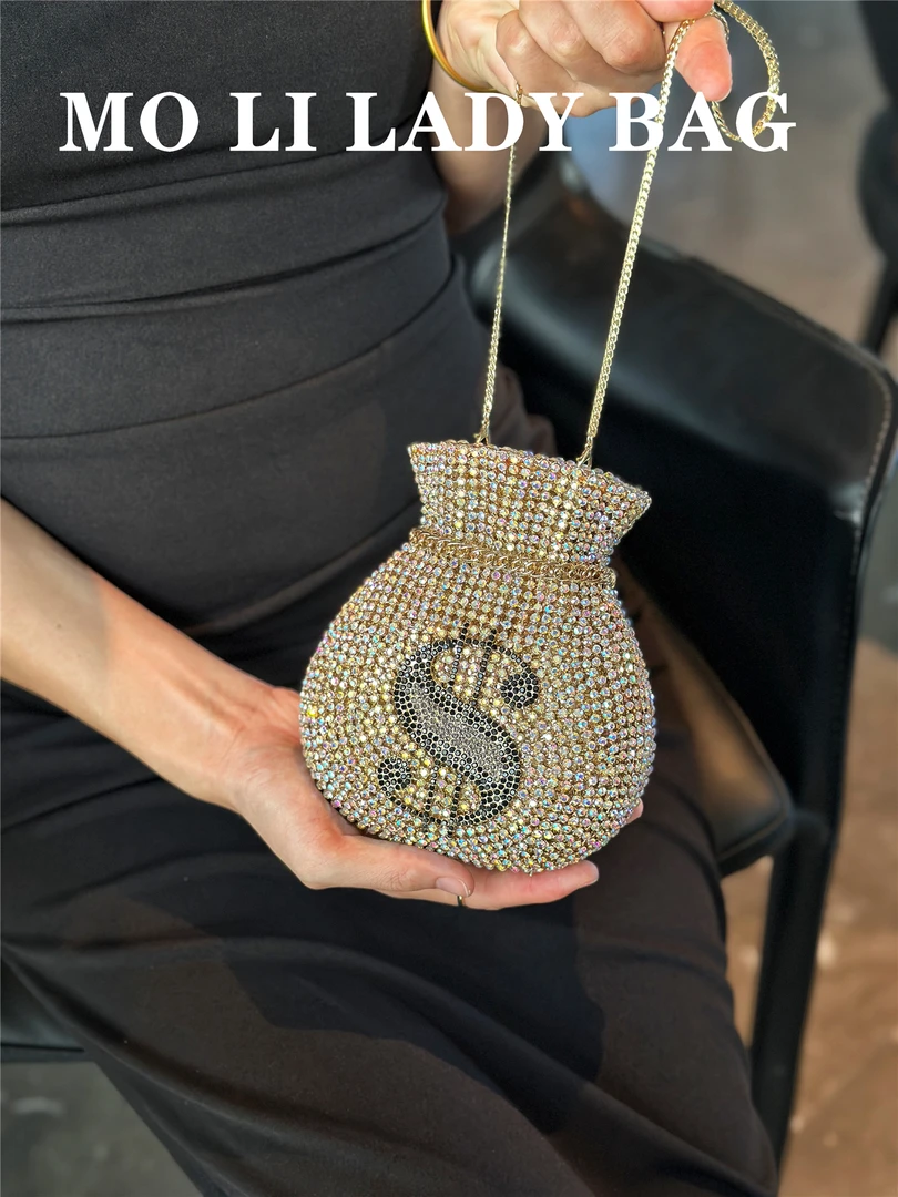2025跨境欧美金属晚宴包镶钻链条手拿包钱袋造型包派对晚装女包