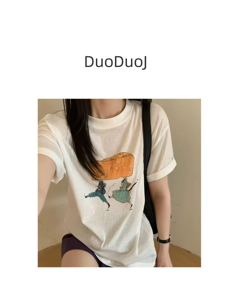 【DuoDuoJ】【奶酪女孩】韩版休闲百搭宽松圆领半袖设计感T恤短袖