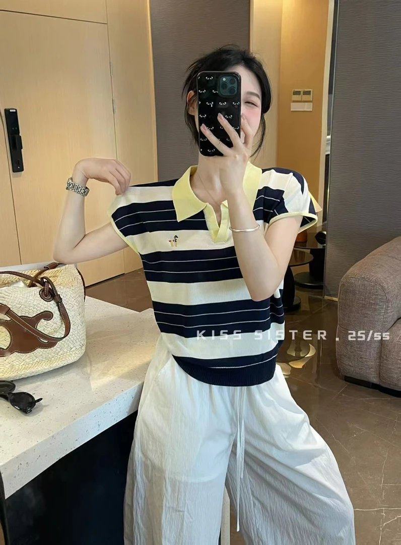 条纹毛针织衫夏季女薄款针织T恤夏季翻领韩版上衣拼色polo
