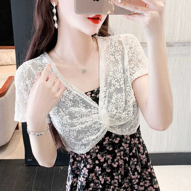 蕾丝短款小披肩夏季配吊带裙的外搭罩衫冰丝防晒短袖上衣薄款