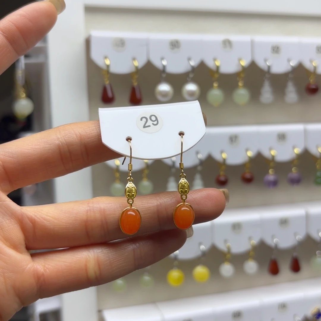 南红玛瑙银S925镶嵌耳饰