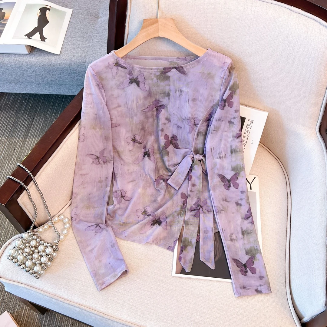2025新款夏季网纱T恤女百搭罩衫蝴蝶印花气质绑带设计感防晒上衣