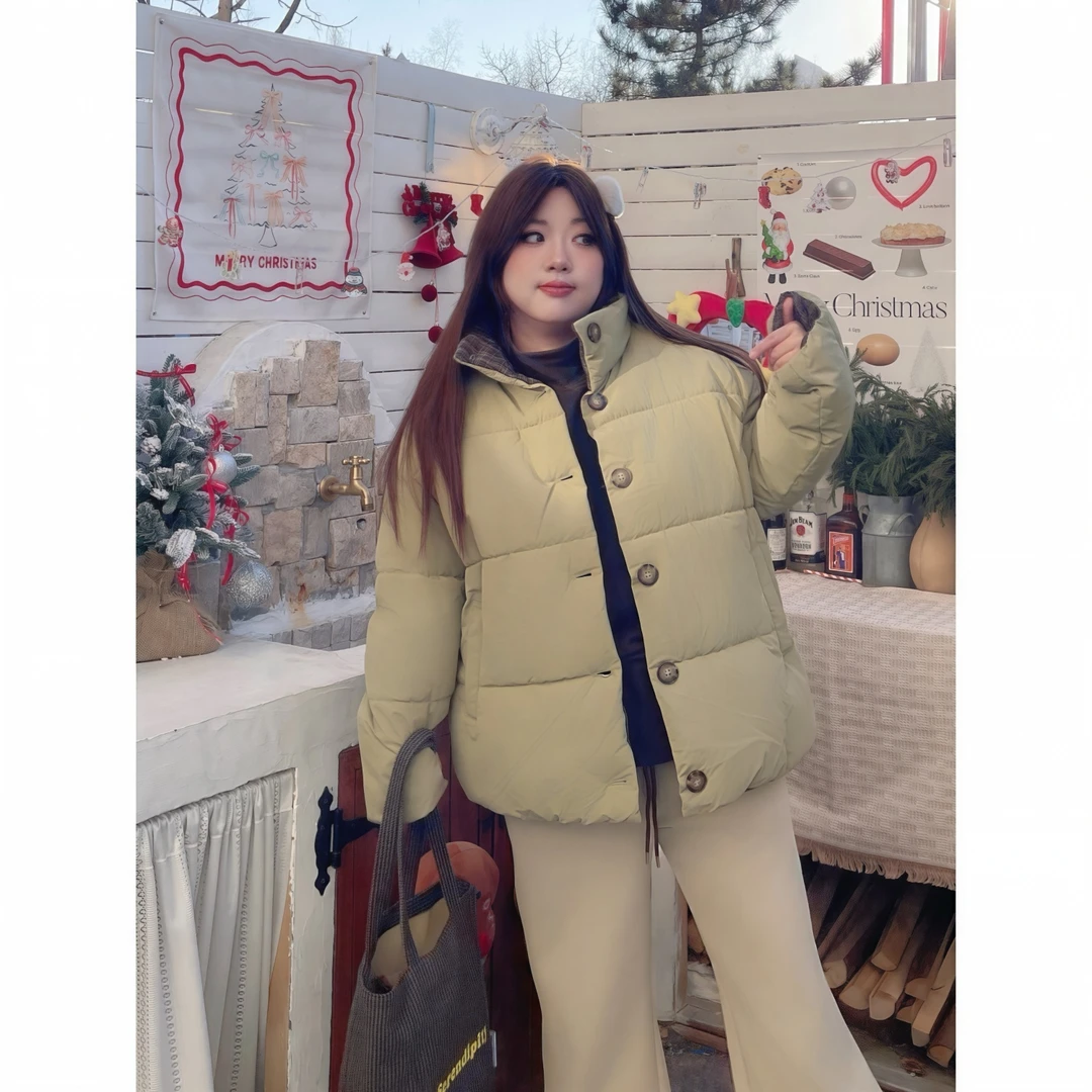 花契“奶酥芋泥”大码女装冬季简约200斤胖mm韩版保暖棉服13243-C