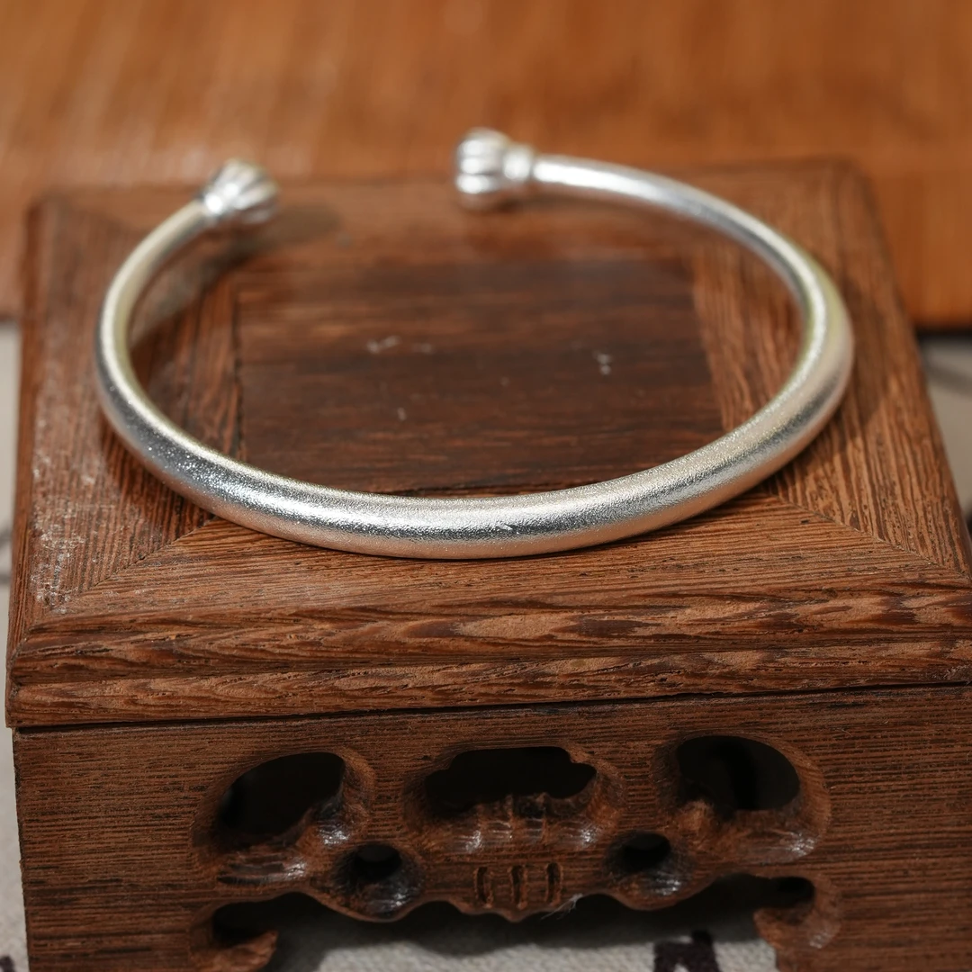 足银手镯 南瓜头开口足银手镯复古哑光面女款纯银镯子