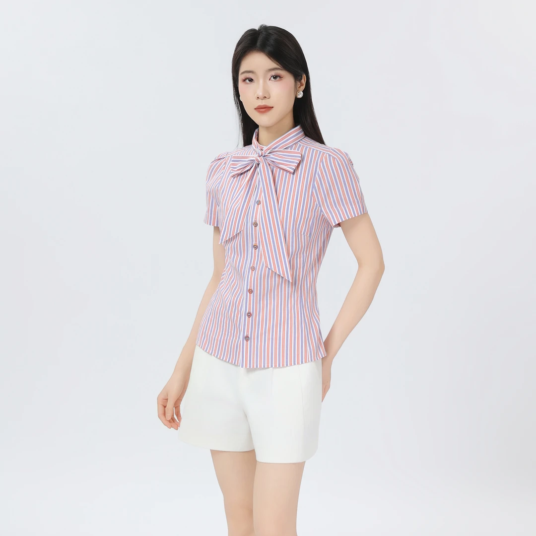 AMASS/阿玛施早春新款简约衬衣时尚飘带优雅气质短袖白衬衫530024