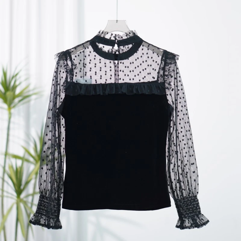 朗S系列  F210  女装拼接波点立领长袖丝绒蕾丝衫经典黑8Q523S072