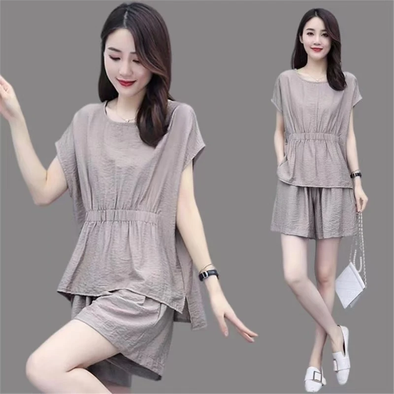 【厂家直销】冰丝亚麻棉套装女夏季收腰显瘦短袖T恤休闲短裤两件套