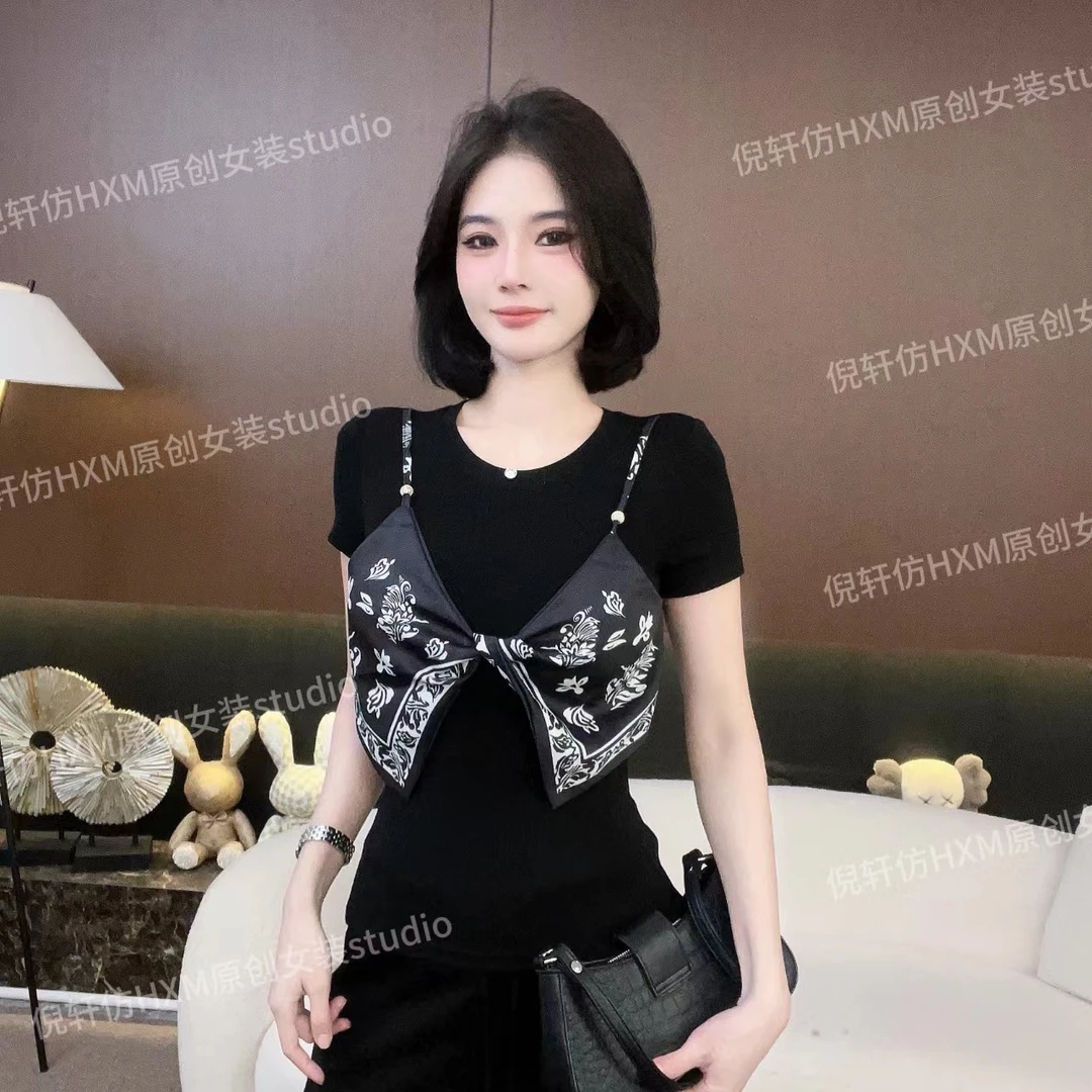 2025春夏新款正肩显瘦T恤女设计感印花吊带假两件T恤别致上衣9976