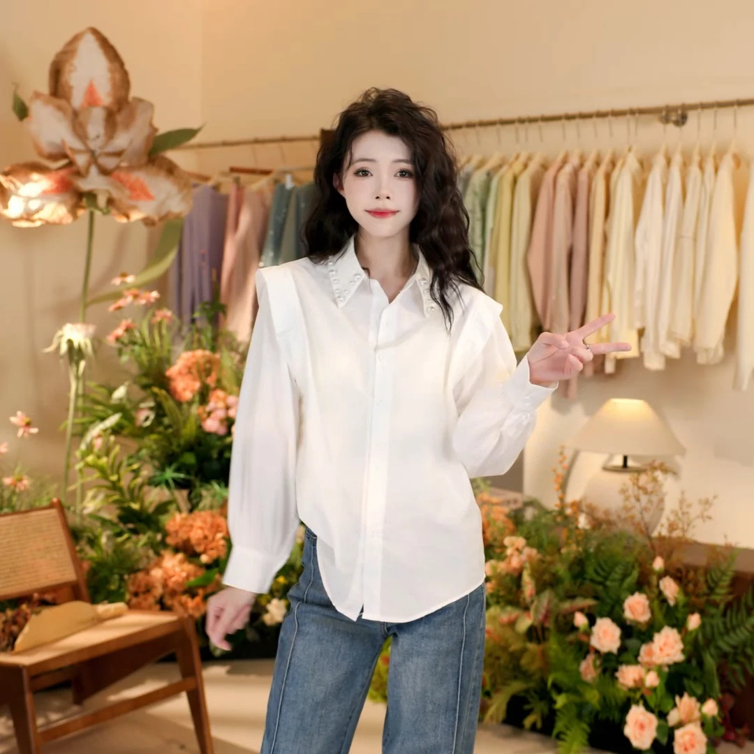 白色Polo领长袖衬衫女春季新款时尚百搭不挑人设计感小众衬衣892