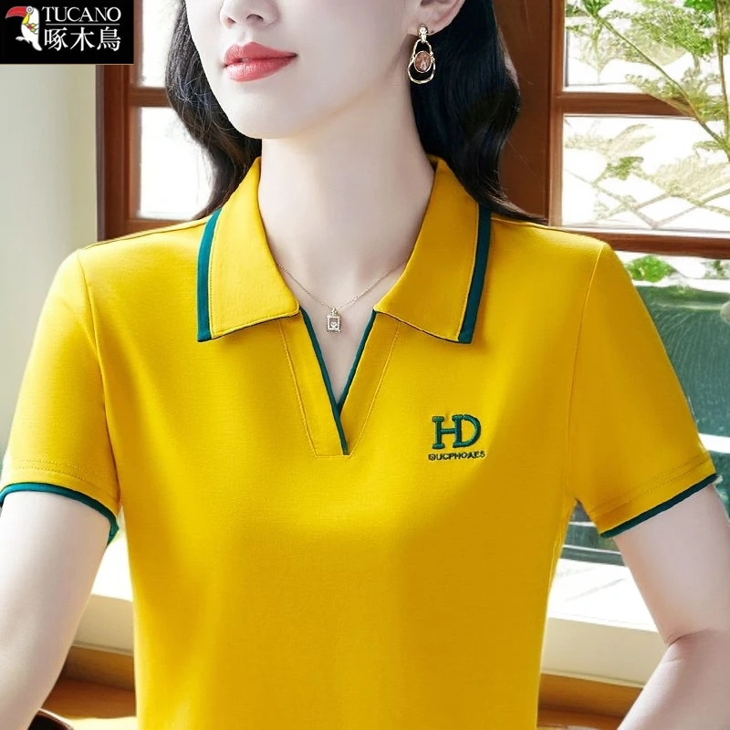 啄木鸟2025年夏季气质翻领短袖T恤女新款时尚刺绣撞色简约上衣ins