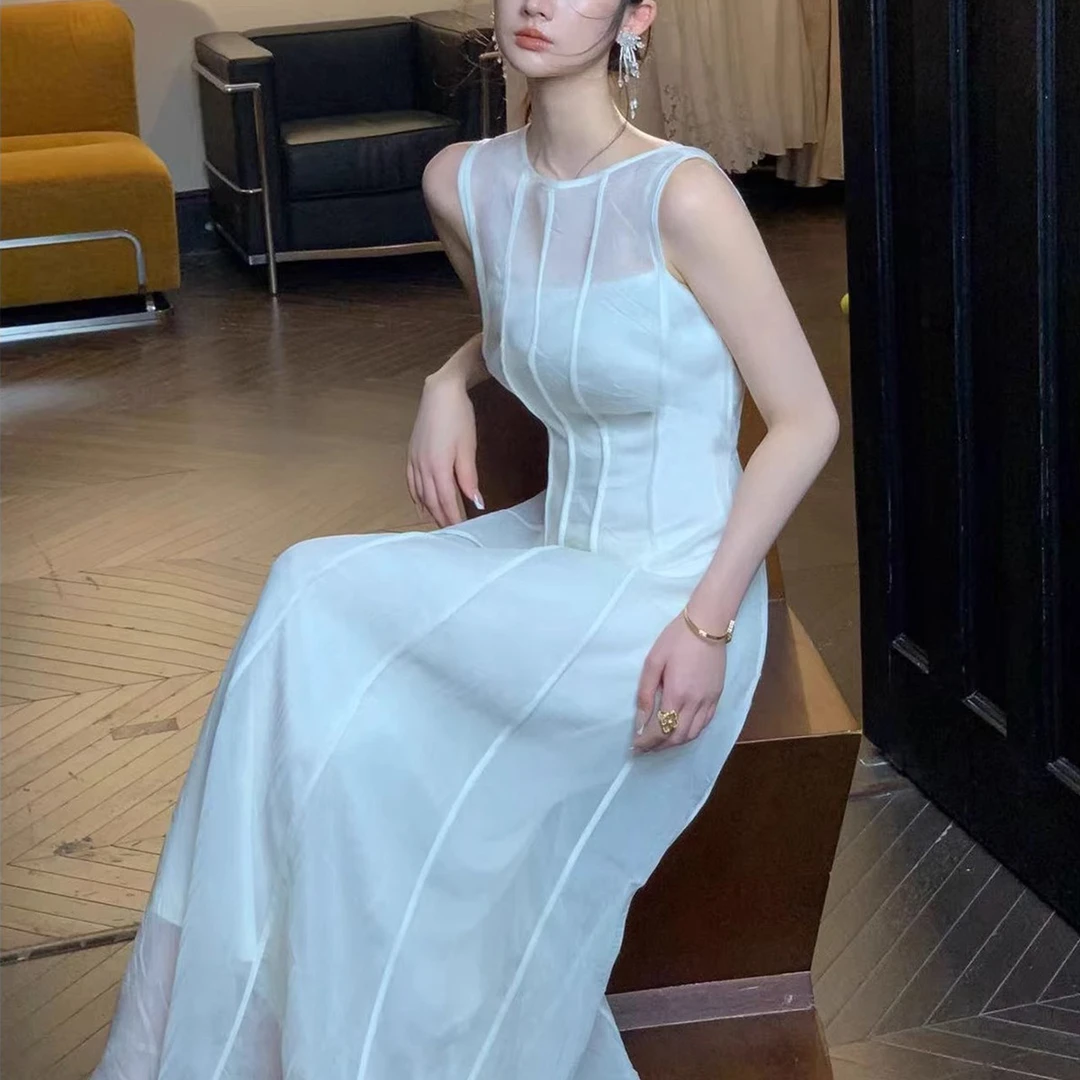 【潮链】【素胚】纯欲风 褶皱纱连衣裙女高级感修身超仙长裙无袖