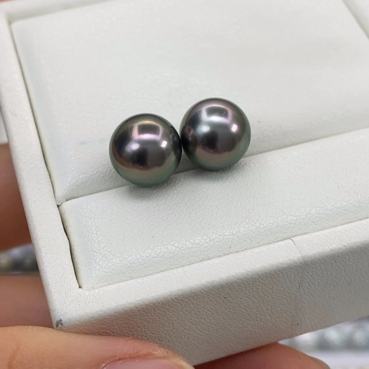 18K金镶嵌海水珍珠耳饰黑珠10-11m m