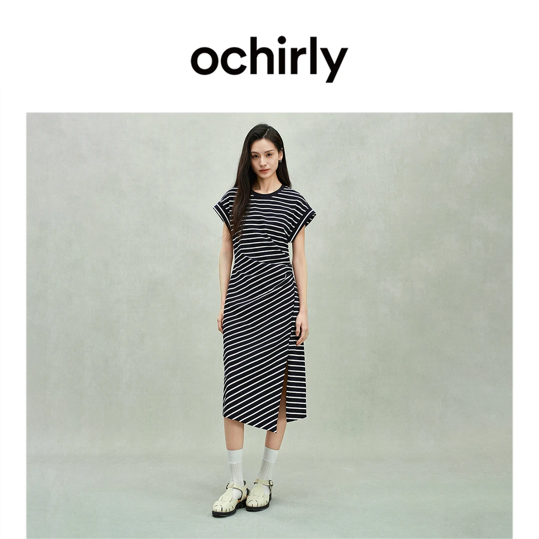 OCHIRLY欧时力纯棉条纹不规则连衣裙开衩航海系度假裙2025夏新品