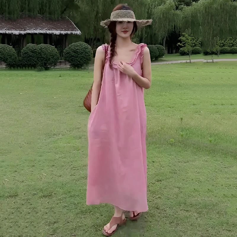 【樱桃】法式镂空露背无袖连衣裙女夏季宽松设计感休闲宽松长裙薄款