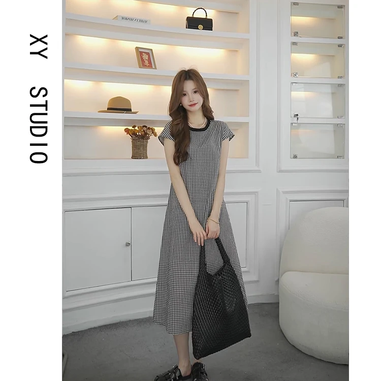 复古千鸟格宽松百搭连衣裙2024夏季新款显瘦气质时尚中长款