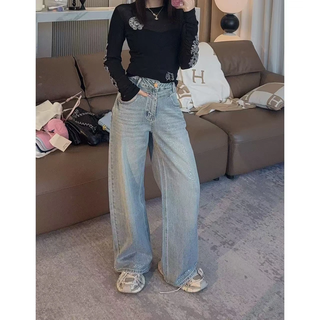 《An ni》Ani-B599 春秋高腰直筒百搭“亮闪闪”牛仔裤