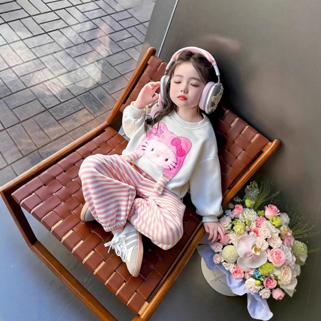 巴拉时尚新款中小童女童春秋季宝宝圆领两件套套装可爱童装卫衣上