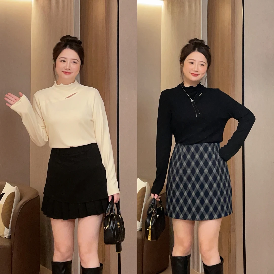 大萌萌 秋冬百搭设计感半高领镂空针织打底衫微胖显瘦P225X20954