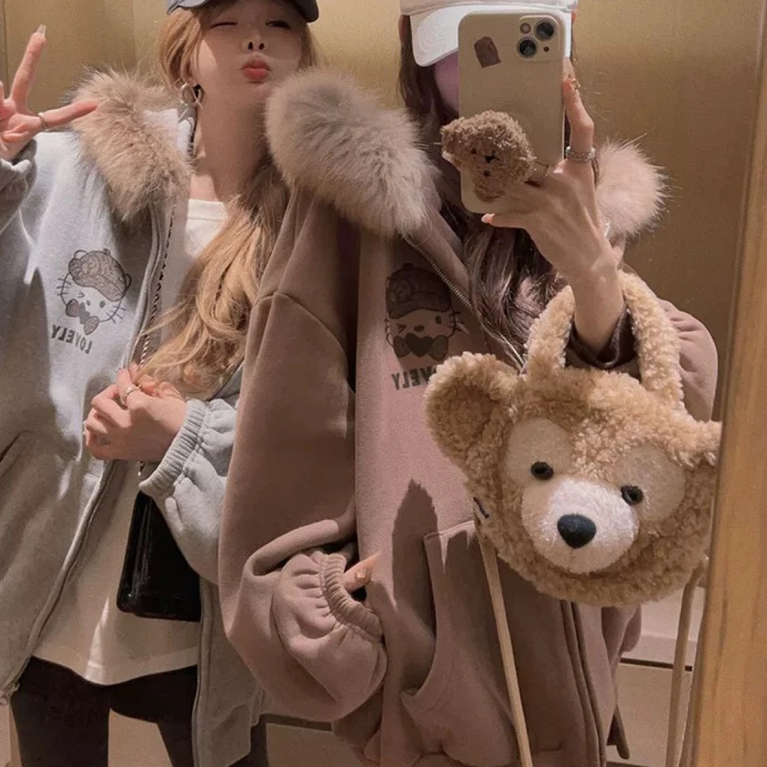 582加绒毛毛领咖色KT猫两件套