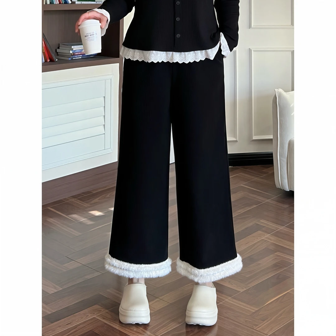 花契“落雪松针”大码女装冬季显瘦200斤胖mm加绒花边休闲裤4381-F