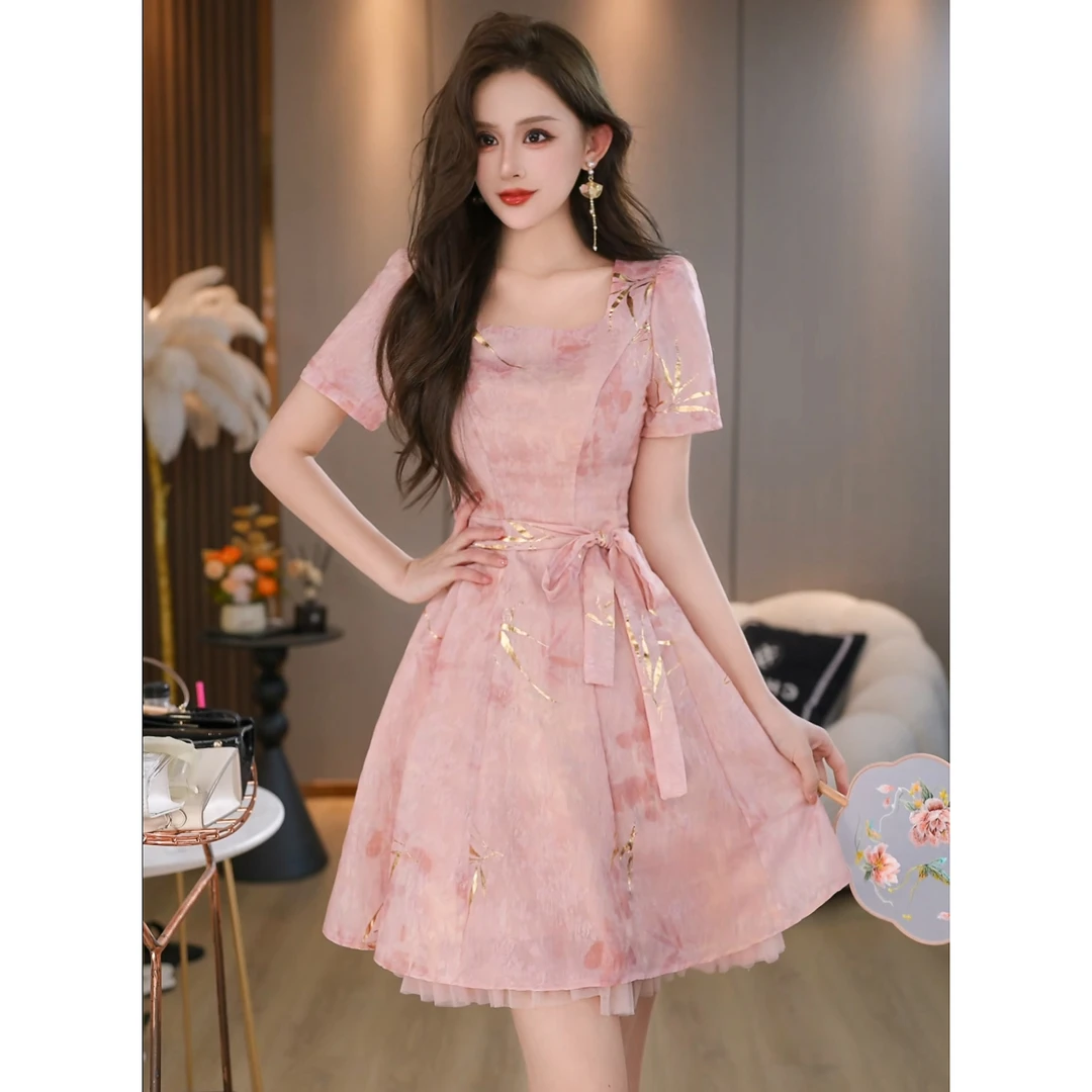 【烟绯鎏光】气质优雅方领收腰显瘦A字连衣裙 B5838