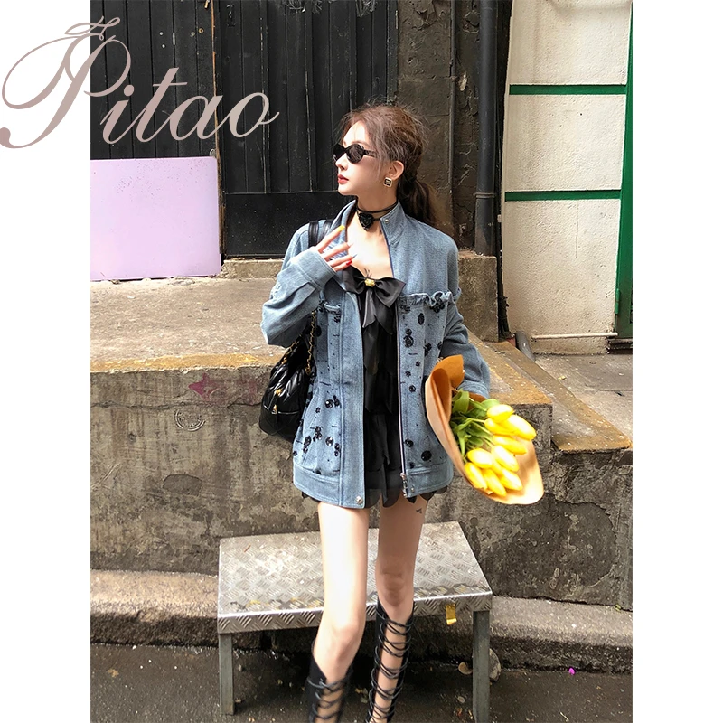 杜屁屁桃PITAO 原创【曼哈顿】春季新款秀珠气质牛仔上衣外套