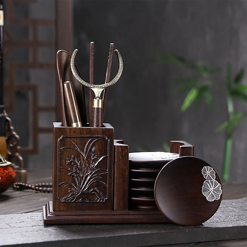 黑檀六君子套装黑檀花梨实木家用茶夹杯托茶盘配件茶勺杯叉高档