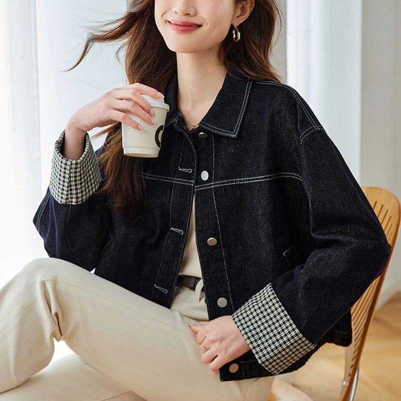设计感格子翻袖牛仔衬衫秋季长袖外套女2025春秋装上衣小个子衬衣