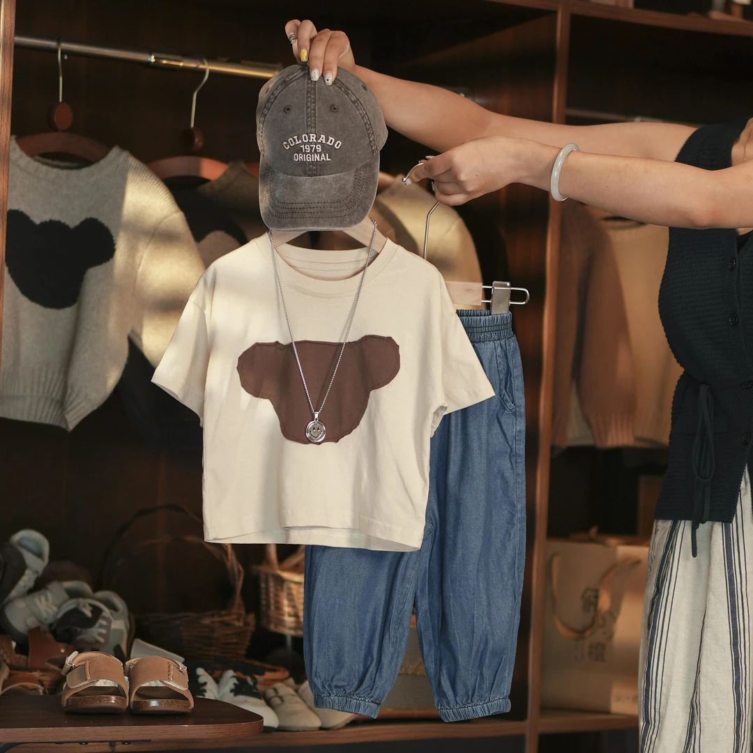 【两只橙】《夏》小熊补丁~米奇头贴布小版短袖+天丝牛仔九分防蚊裤