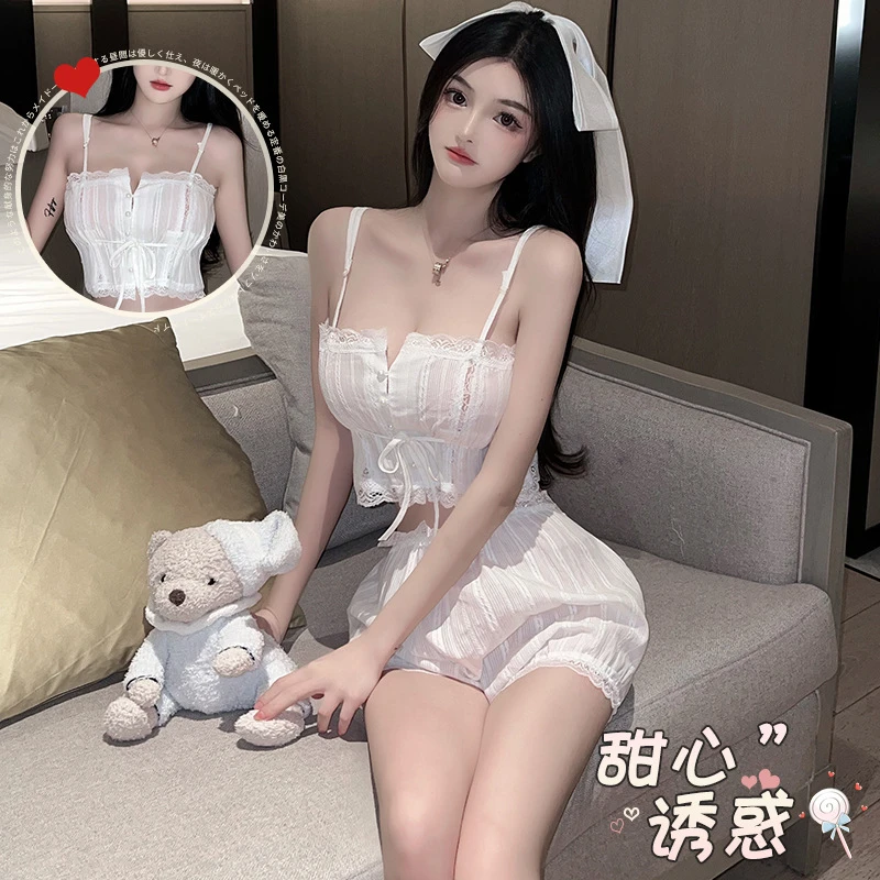修身薄款显瘦短裤半开领青年诱惑辣妹短款透明睡衣纯欲风气质