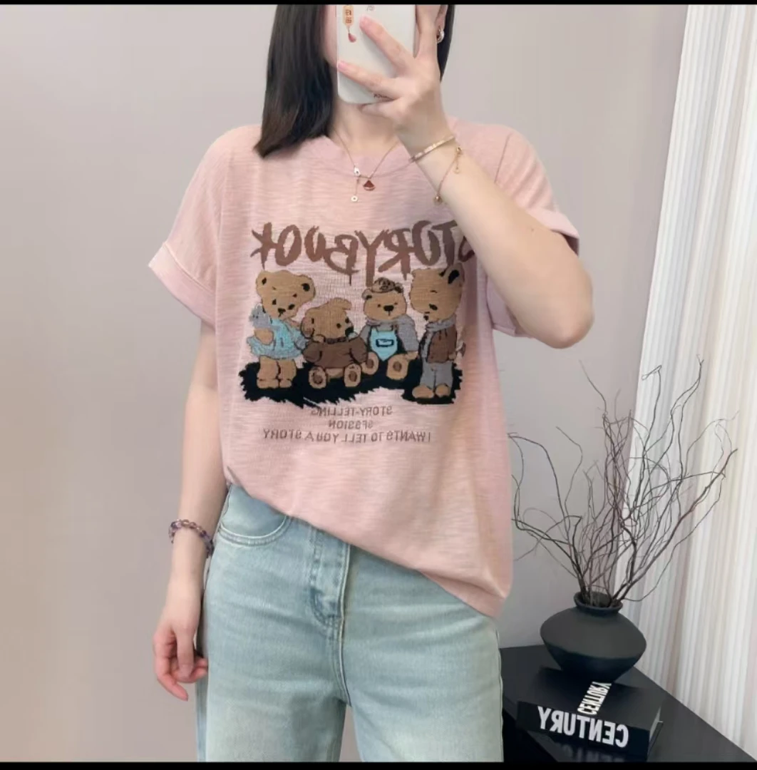 四只小熊字母提花圆领轻薄微透飞飞袖短袖夏季新款宽松韩版T恤