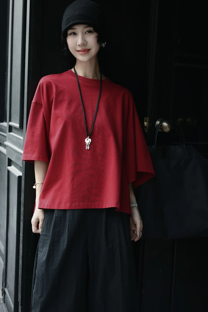 TT设计师【字里行间】纯棉慵懒松弛氛围感蝙蝠袖纯色T恤TT190451