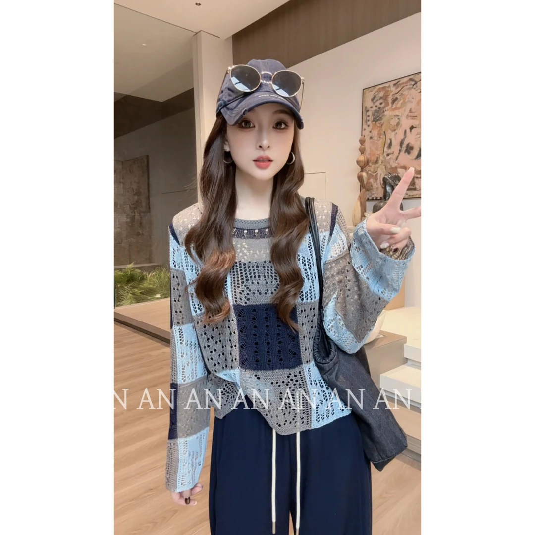 C08362新款设计感宽松别致慵懒风方格重工撞色镂空罩衫针织衫短款