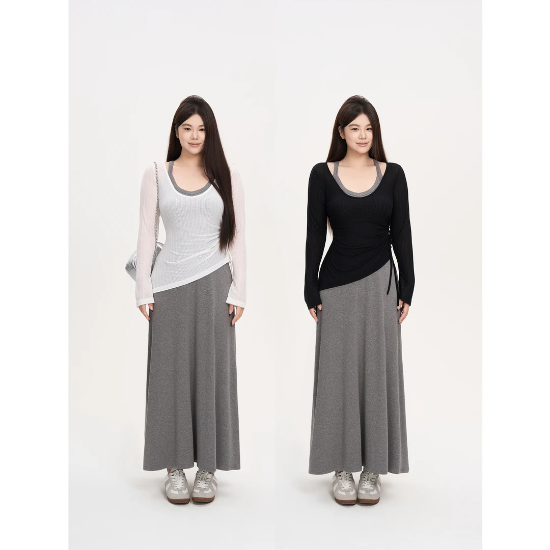 小野墩墩 冰美式 撞色两件套显瘦V领罩衫挂脖百搭吊带叠穿套装夏