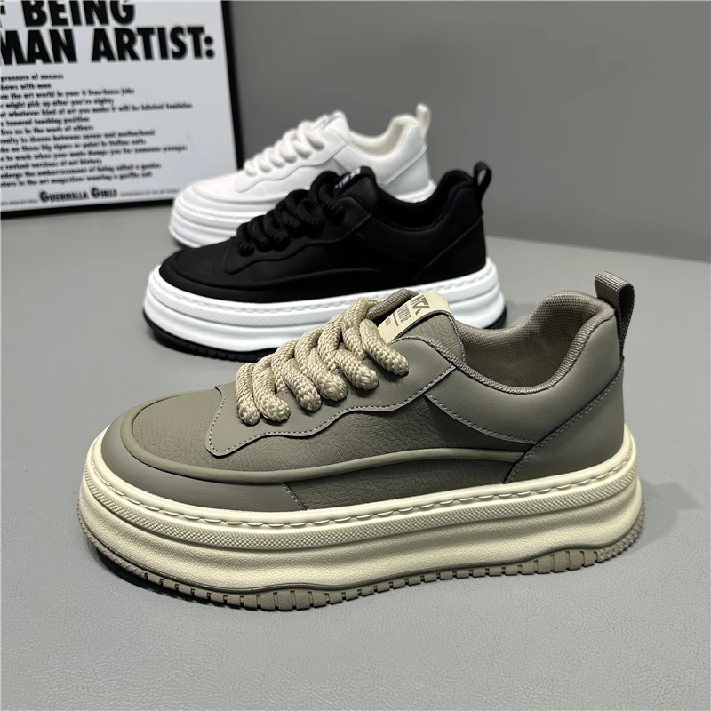 运动休闲男鞋2025新款秋季复古英伦黑色工装板鞋男士皮面厚底潮鞋