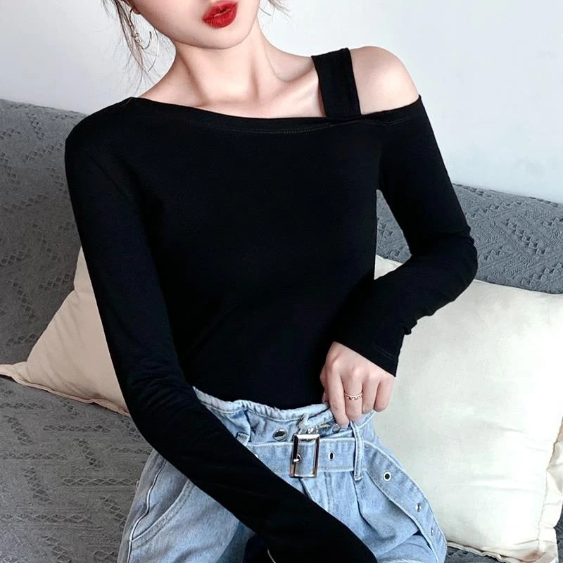 VOCKOO辣妹斜肩露肩长袖t恤女2025早秋新款时尚修身显瘦减龄打底