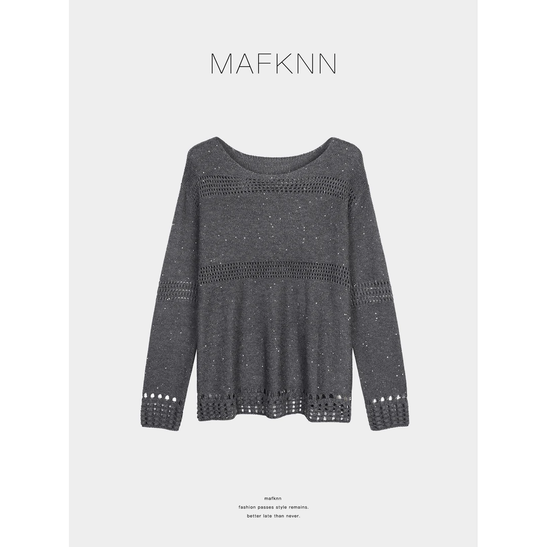 MAFKNN/玛肯时尚休闲简约纯色百搭长袖针织镂空小衫上衣MK13059