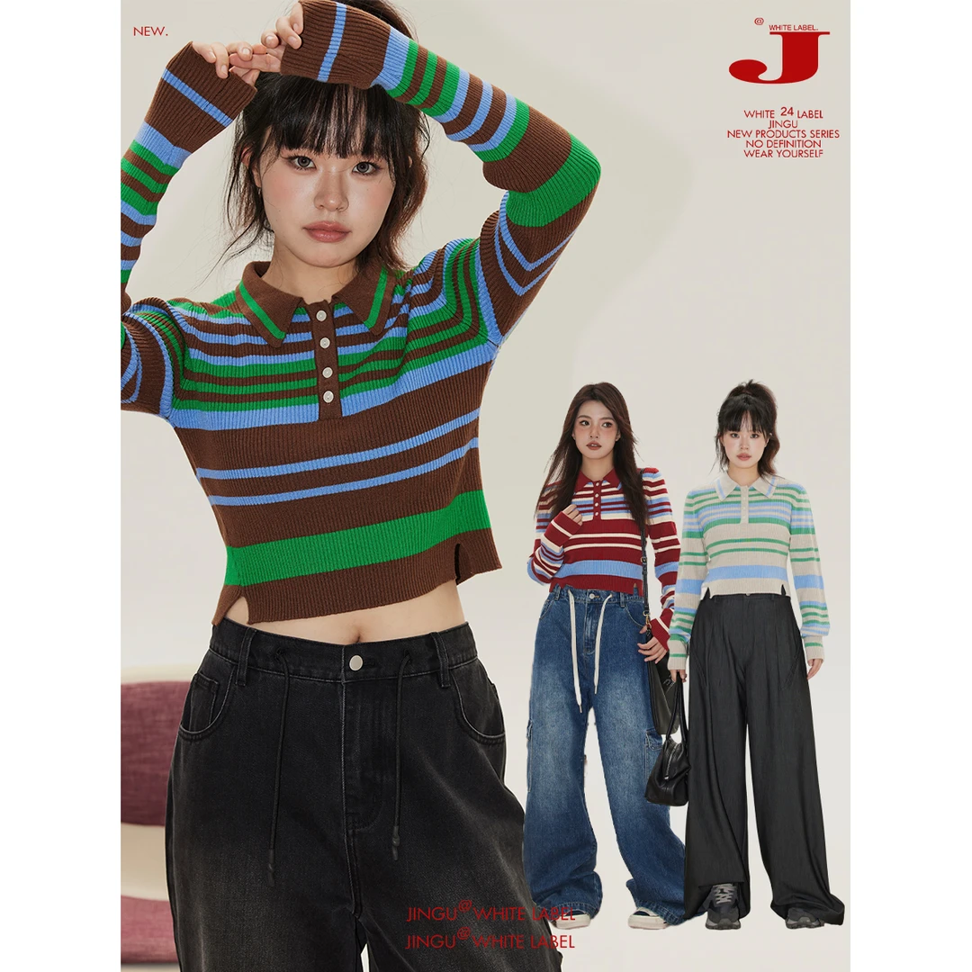 晶咕白标~小众艺术生条纹撞色小翻领短款针织衫大码复古休闲上衣