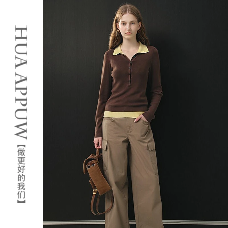 画朴翻领拼接撞色假两件长袖针织衫女2025冬季新款纽扣设计感上衣