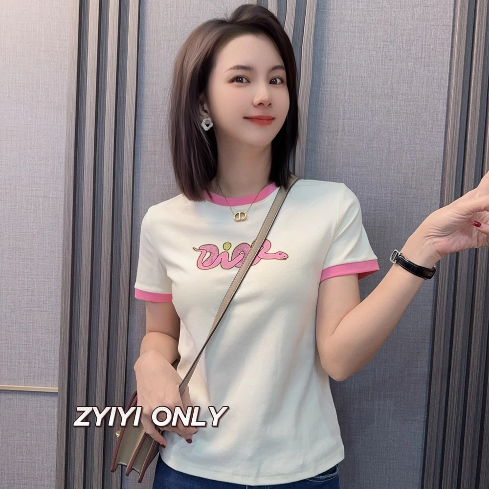 【莓粉小蛇】2025春夏新款短袖T恤修身显瘦印花休闲百搭上衣女